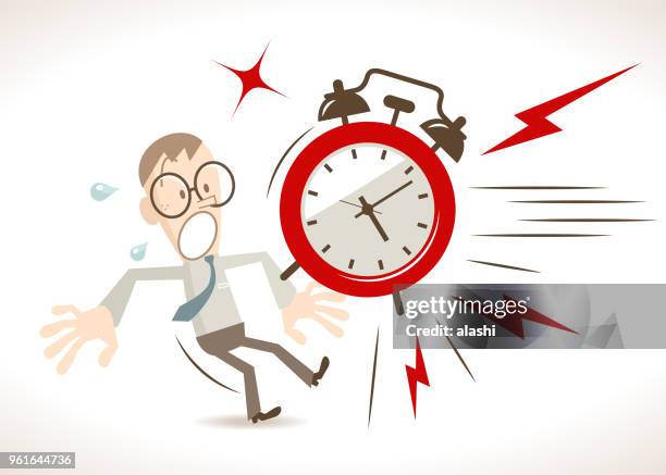 time management, a big alarm clock suddenly appeared in front of the businessman (student) - hitting alarm clock stock illustrations