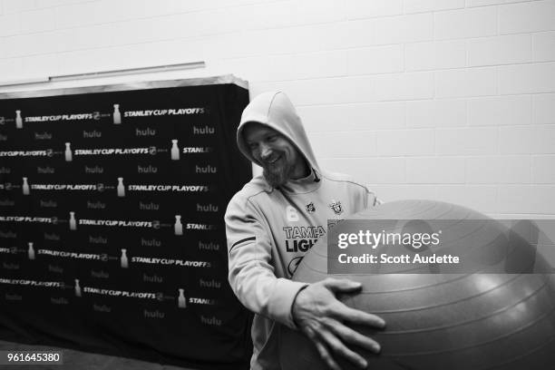 Anton Stralman of the Tampa Bay Lightning plays catch before the game against the Washington Capitals during Game Six of the Eastern Conference Final...