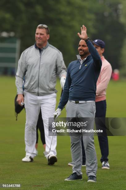 Sir Matthew Pinsent looks on with Rishi Persad during the Pro Am for the BMW PGA Championship at Wentworth on May 23, 2018 in Virginia Water, England.