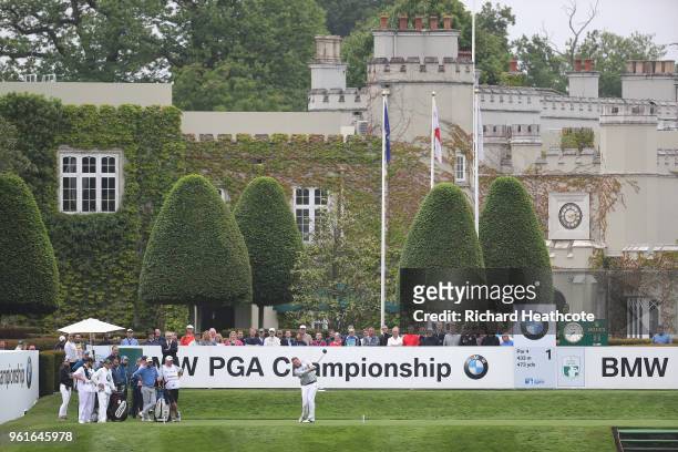Sir Matthew Pinsent tees off during the Pro Am for the BMW PGA Championship at Wentworth on May 23, 2018 in Virginia Water, England.