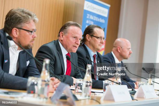 Guido Reil, Georg Pazderski, Steffen Koeniger and Andreas Kalbitz of Anti-immigration populist Alternative fuer Deutschland party holds a press...