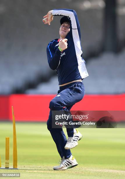 Dominic Bess of England bowls during a nets session at Lord's Cricket Ground on May 23, 2018 in London, England.