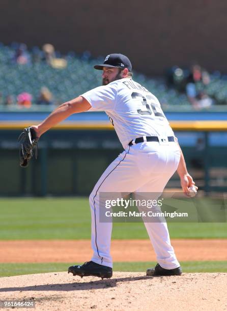 Michael Fulmer of the Detroit Tigers pitches during game one of a doubleheader against the Kansas City Royals at Comerica Park on April 20, 2018 in...