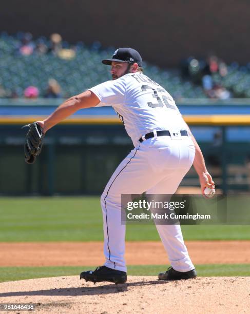 Michael Fulmer of the Detroit Tigers pitches during game one of a doubleheader against the Kansas City Royals at Comerica Park on April 20, 2018 in...