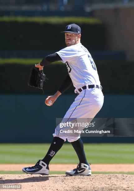 Shane Greene of the Detroit Tigers throws a warm-up pitch during game one of a doubleheader against the Kansas City Royals at Comerica Park on April...