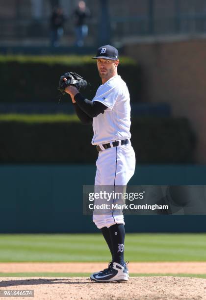 Shane Greene of the Detroit Tigers throws a warm-up pitch during game one of a doubleheader against the Kansas City Royals at Comerica Park on April...