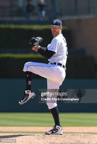 Shane Greene of the Detroit Tigers throws a warm-up pitch during game one of a doubleheader against the Kansas City Royals at Comerica Park on April...