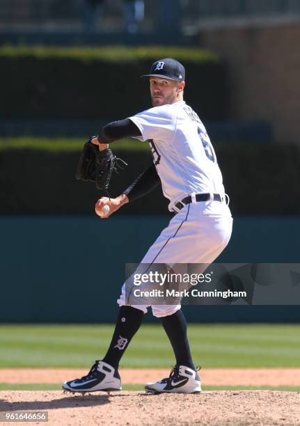 Shane Greene of the Detroit Tigers throws a warm-up pitch during game one of a doubleheader against the Kansas City Royals at Comerica Park on April...