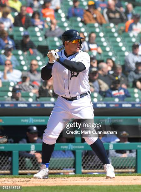 Miguel Cabrera of the Detroit Tigers bats during game one of a doubleheader against the Kansas City Royals at Comerica Park on April 20, 2018 in...