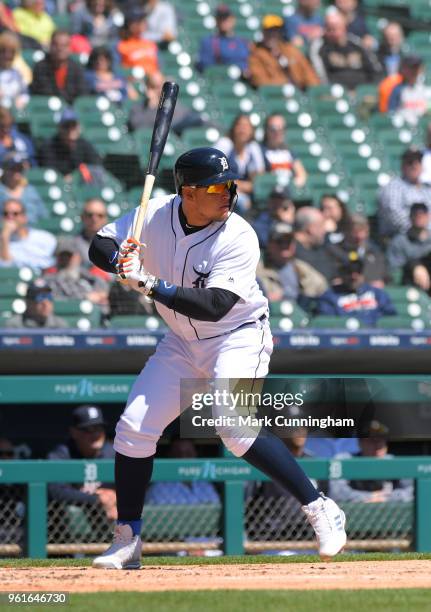 Miguel Cabrera of the Detroit Tigers bats during game one of a doubleheader against the Kansas City Royals at Comerica Park on April 20, 2018 in...