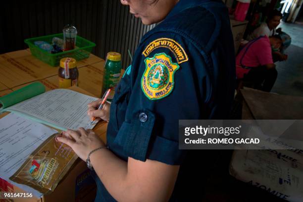 This picture taken on March 13, 2018 shows police and Ministry of Agriculture personnel inspecting alleged fake pesticides seized during a raid in a...
