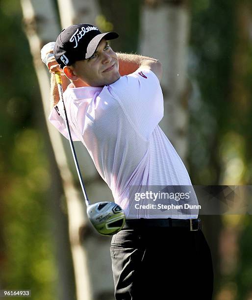 Bill Haas hits his tee shot on the second hole at the Palmer Private course at PGA West during the final round of the Bob Hope Classic on January 25,...