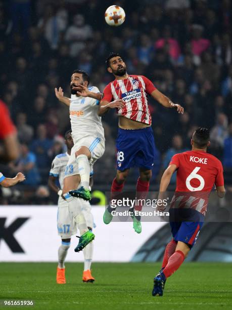 Jordan Amavi of Atletico Madrid and Diego Costa of Atletico Madrid compete for the ball during the UEFA Europa League Final between Olympique de...