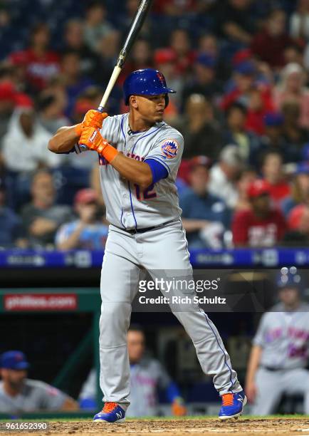 Juan Lagares of the New York Mets in action against the Philadelphia Phillies during a game at Citizens Bank Park on May 11, 2018 in Philadelphia,...