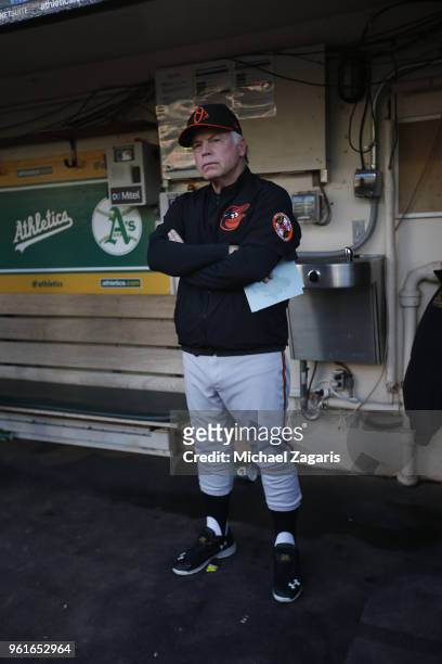 Manager Buck Showalter of the Baltimore Orioles stands in the dugout prior to the game against the Oakland Athletics at the Oakland Alameda Coliseum...