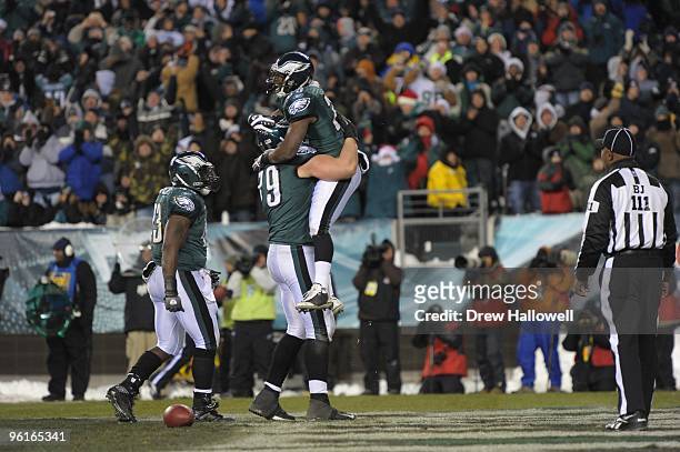 Running back LeSean McCoy of the Philadelphia Eagles celebrates a touchdown during the game against the San Francisco 49ers on December 20, 2009 at...