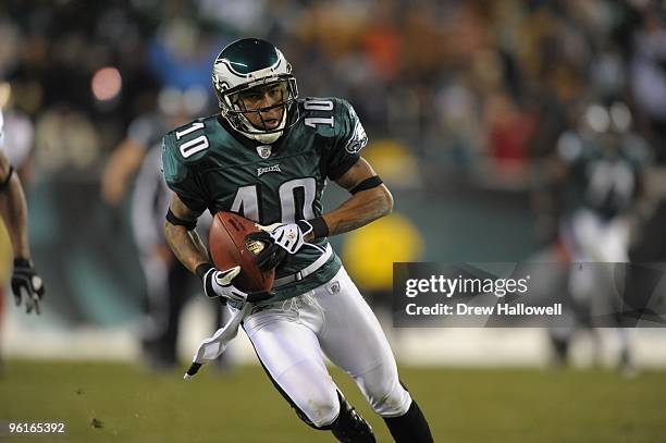 Wide Receiver DeSean Jackson of the Philadelphia Eagles runs the ball during the game against the San Francisco 49ers on December 20, 2009 at Lincoln...