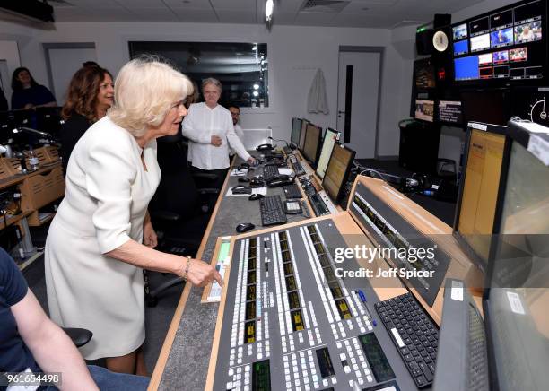 Camilla, Duchess of Cornwall in the editing suite as she visits the headquarters of Independent Television News Ltd to mark the 21st anniversary of 5...