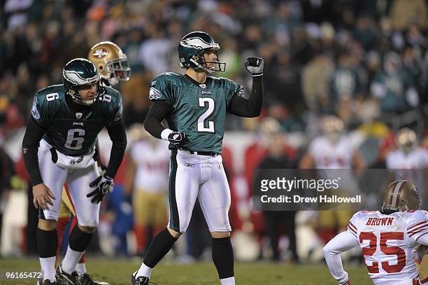 Kicker David Akers of the Philadelphia Eagles celebrates a field goal during the game against the San Francisco 49ers on December 20, 2009 at Lincoln...