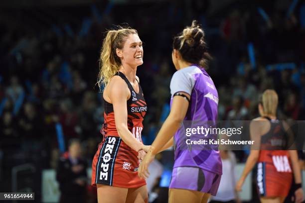 Lily Marshall of the Tactix reacts after the win in the round three ANZ Premiership match between the Mainland Tactix and the Northern Stars at...