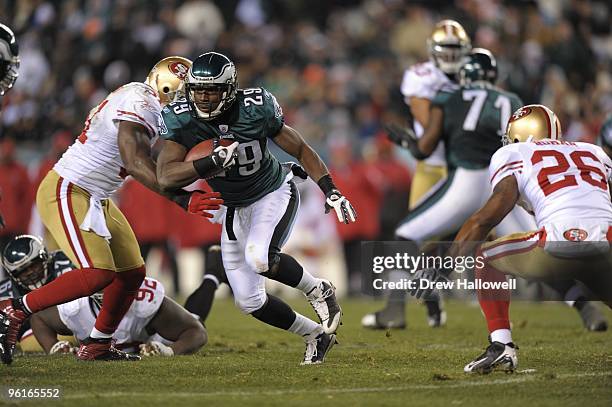 Running back LeSean McCoy of the Philadelphia Eagles runs the ball during the game against the San Francisco 49ers on December 20, 2009 at Lincoln...