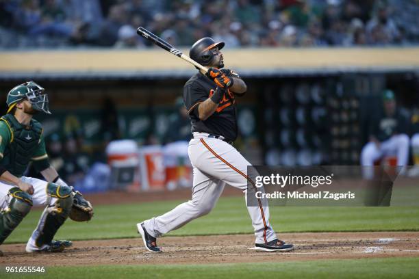 Pedro Alvarez of the Baltimore Orioles bats during the game against the Oakland Athletics at the Oakland Alameda Coliseum on May 4, 2018 in Oakland,...
