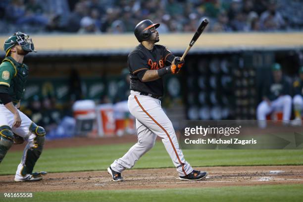 Pedro Alvarez of the Baltimore Orioles bats during the game against the Oakland Athletics at the Oakland Alameda Coliseum on May 4, 2018 in Oakland,...