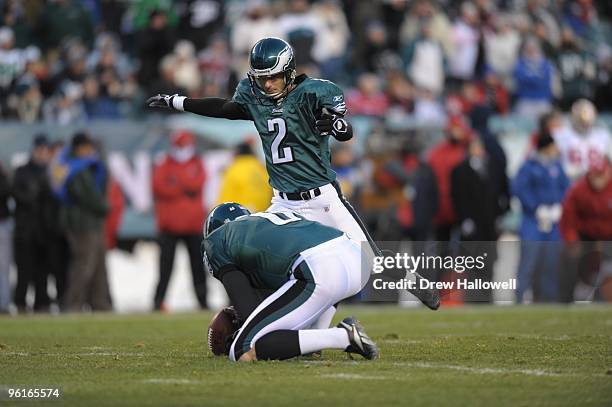 Kicker David Akers of the Philadelphia Eagles kicks during the game against the San Francisco 49ers on December 20, 2009 at Lincoln Financial Field...