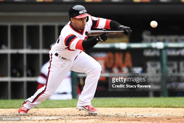 Leury Garcia of the Chicago White Sox bunts during a game against the Texas Rangers at Guaranteed Rate Field on May 20, 2018 in Chicago, Illinois....