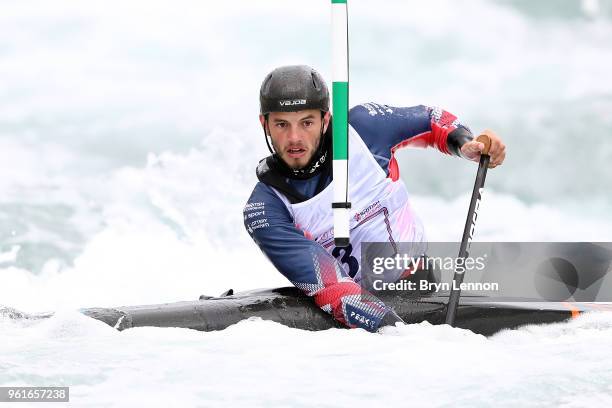 Ryan Westley in action during the British Canoe Slalom Media day ahead of the European Championships at Lee Valley White Water Centre on May 23, 2018...