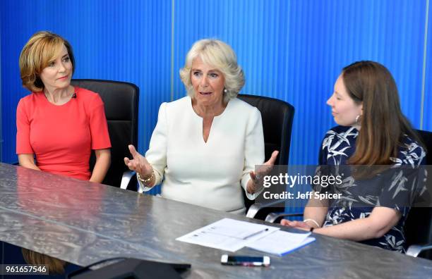 Camilla, Duchess of Cornwall speaks members of the 5 News team, including journalist Sian Williams as she visits the headquarters of Independent...