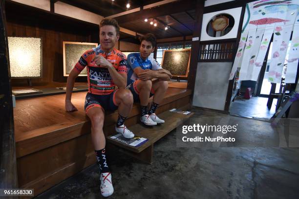 Italian riders, Damiano Cunego and Marco Canola from Nippo - Vini Fantini Team, inside a traditional house near the start area in Udatsu Street,...