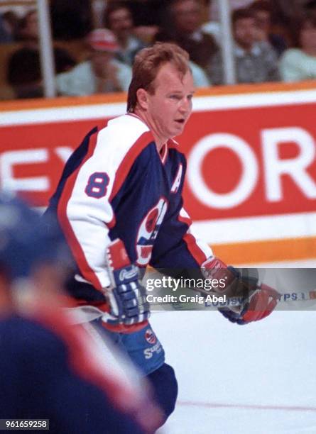 Randy Carlyle of the Winnipeg Jets skates against the Toronto Maple Leafs during NHL game action October 14, 1989 at Maple Leaf Gardens in Toronto,...