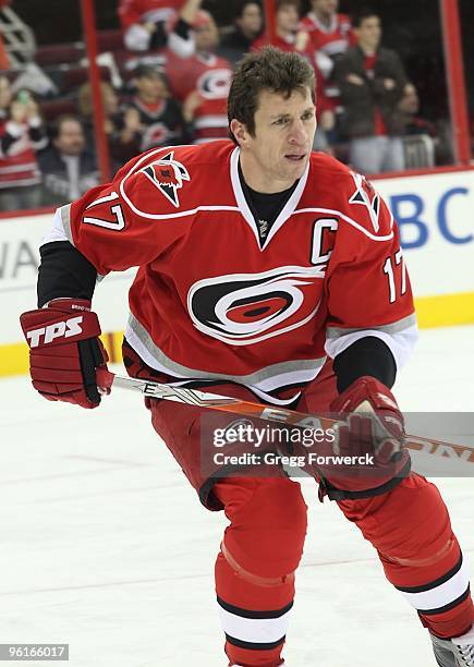 Rod Brind'Amour of the Carolina Hurricanes skates his final game in the captain sweater prior to a NHL game against the Tampa Bay Lightning on...