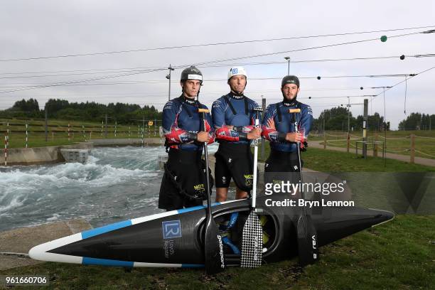Adam Burgess, David Florence and Ryan Westley pose for a photo during the British Canoe Slalom Media day ahead of the European Championships at Lee...