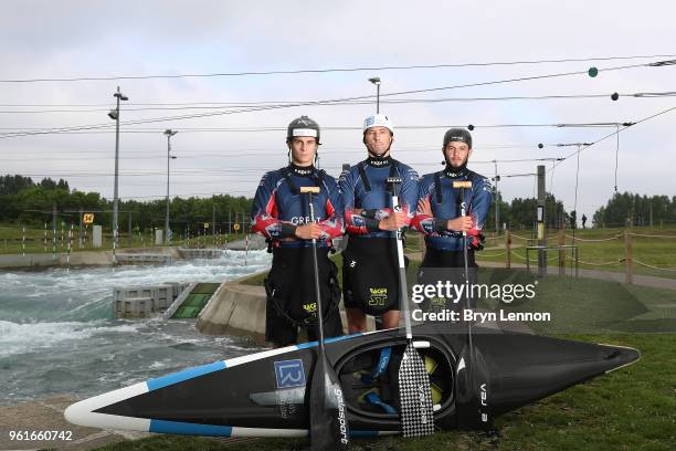 Adam Burgess, David Florence and Ryan Westley pose for a photo during the British Canoe Slalom Media day ahead of the European Championships at Lee...