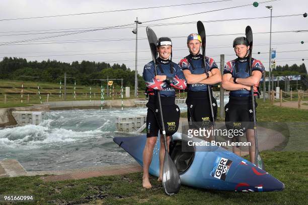 Bradley Forbes-Cryans, Joe Clarke and Chris Bowers pose for a photo during the British Canoe Slalom Media day ahead of the European Championships at...