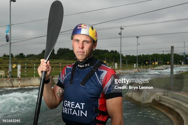 Joe Clarke poses for a photo during the British Canoe Slalom Media day ahead of the European Championships at Lee Valley White Water Centre on May...