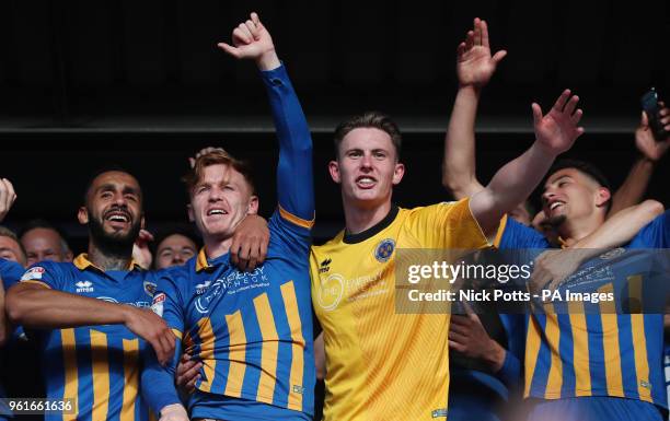 Shrewsbury Town's Jon Nolan and Shrewsbury Town goalkeeper Dean Henderson celebrates with teammates after winning playoff semi against Charlton...