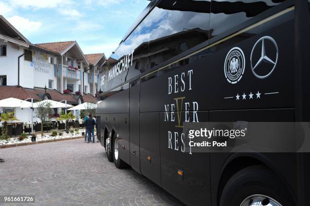 The team bus arrives on day one of the Germany National Football team's training camp at Hotel Weinegg on May 23, 2018 in Eppan, Italy.