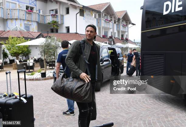 Manuel Neuer arrives on day one of the Germany National Football team's training camp at Hotel Weinegg on May 23, 2018 in Eppan, Italy.