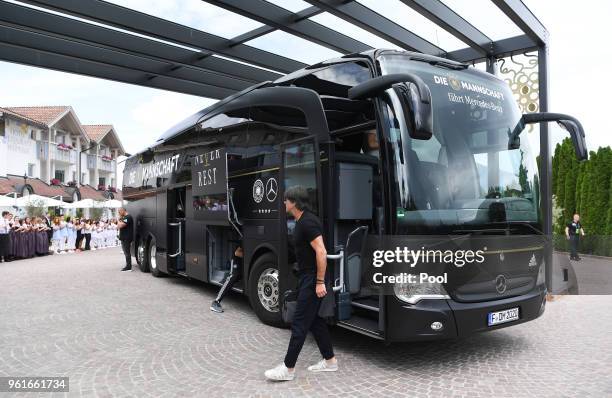 Head Coach, Joachim Loew arrives on day one of the Germany National Football team's training camp at Hotel Weinegg on May 23, 2018 in Eppan, Italy.