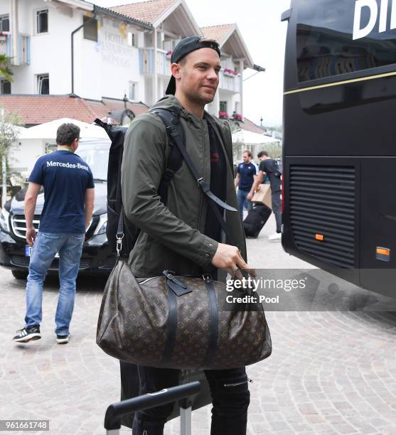 Manuel Neuer arrives on day one of the Germany National Football team's training camp at Hotel Weinegg on May 23, 2018 in Eppan, Italy.