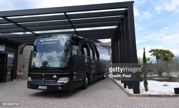 The team bus arrives on day one of the Germany National Football team's training camp at Hotel Weinegg on May 23, 2018 in Eppan, Italy.