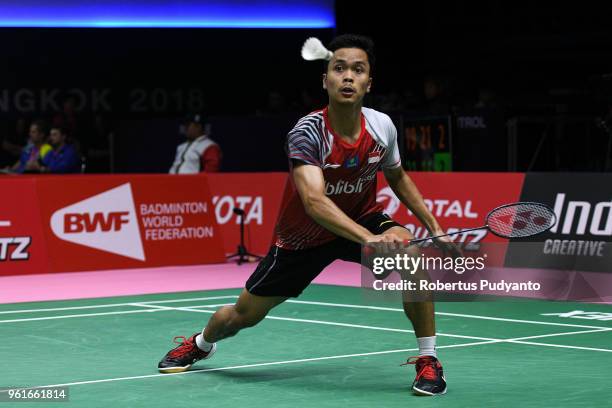 Anthony Sinisuka Ginting of Indonesia competes against Son Wan Ho of Korea during Preliminary Round on day four of the BWF Thomas & Uber Cup at...