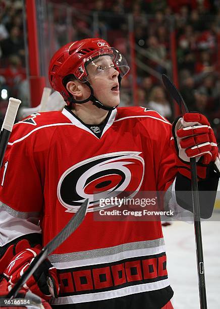 Drayson Bowman of the Carolina Hurricanes checks out a replay on the jumbotron during a NHL game against the Atlanta Thrashers on January 16, 2010 at...