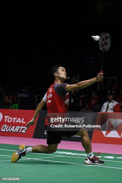 Anthony Sinisuka Ginting of Indonesia competes against Son Wan Ho of Korea during Preliminary Round on day four of the BWF Thomas & Uber Cup at...