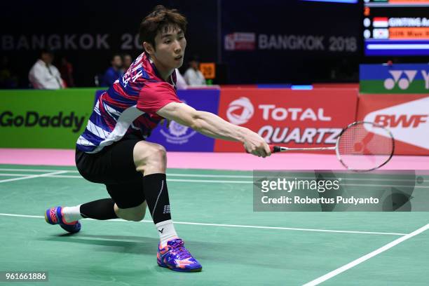 Son Wan Ho of Korea competes against Anthony Sinisuka Ginting of Indonesia during Preliminary Round on day four of the BWF Thomas & Uber Cup at...