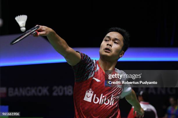 Anthony Sinisuka Ginting of Indonesia competes against Son Wan Ho of Korea during Preliminary Round on day four of the BWF Thomas & Uber Cup at...