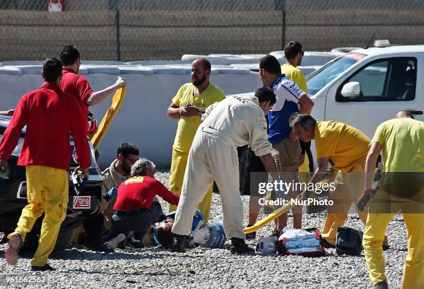 Accident of Tito Rabat during the Moto GP test in the Barcelona Catalunya Circuit, on 23th May 2018 in Barcelona, Spain. --